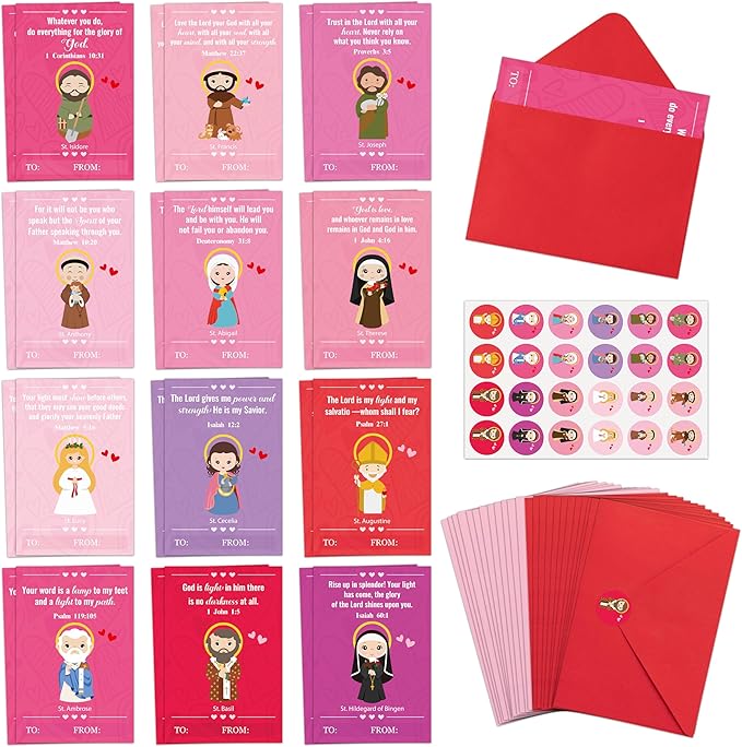 TICIAGA 72pcs Valentine's Day Catholic Church Greeting Card with Envelop for Kids, Religious Character Sticker Bible Notecard Exchange Gift for Boy Girl Sunday School Christian Classroom Party Favor