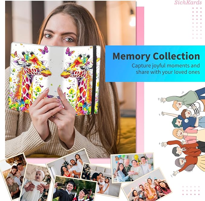 Photo Album 4x6-120 Photos Capacity,PU Leather Cover with Elastic Band,High Definition Waterproof PP Pages for Family Wedding Anniversary Baby Record,Colorful Giraffe