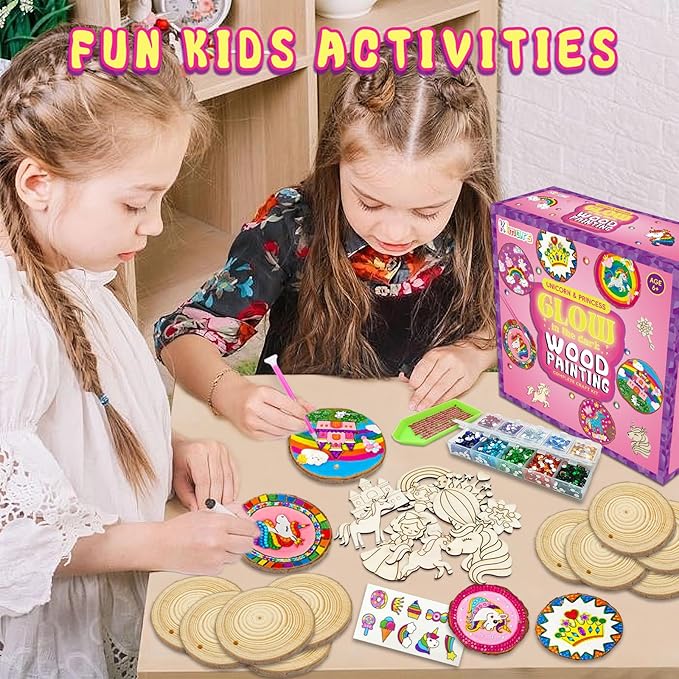 klmars Unicorn Themed Wooden Painting Kit-Glow in The Dark-Arts & Crafts Gifts for Kids Girls Ages 5-12-Wood Slice Craft Activities Kits -Unicorn Art Toys for Kids Christmas Gifts