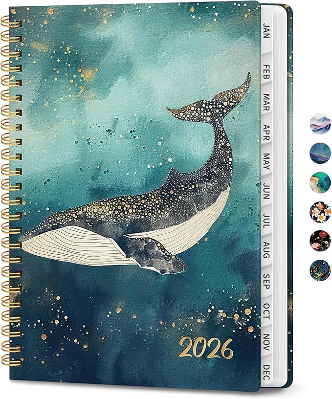 2026 Planner, Monthly and Weekly Calendar Planner for Women, Jan 2026 - Dec 2026, Hardcover Pretty 2026 Agenda Planner Book with Tabs, Spiral Bound, Perfect for School Office Home Supplies, 8.5" x 11" - Whale Dreams