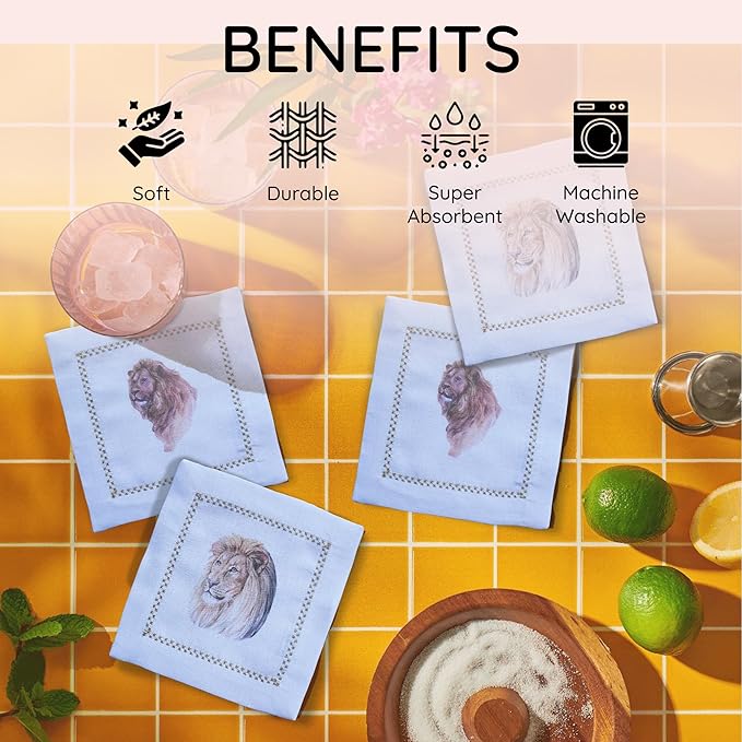 Cocktail Napkins Set of 6, 6x6 inch, 100% Linen, Printed Animal Pattern, Reusable & Washable Cloth Coasters for Beverages, Hosting, Gifting & Everyday Use (Lion)