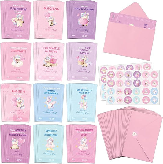 TICIAGA 144pcs Valentine's Day Unicorn Greeting Card with Envelop and Stickers for Kids, Charming Design Unicorn Notecard Gift Cards for Boys and Girls School Classroom Exchange, Valentines Party Favor