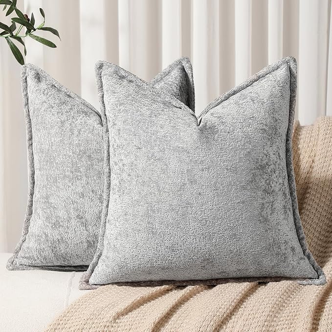 Pack of 2 Light Gray Decorative Throw Pillow Covers 24x24 Cozy Soft Chenille Accent Vintage Square Couch Pillow Covers for Home Decor Bed Sofa Living Room