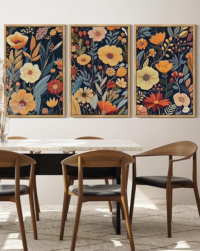 KUVIOKE Vintage Flower Framed Wall Art Colorful Boho Floral Wall Decor Botanical Retro Wildflower Modern Artwork Bedroom Living Home Decor 16x24in (Natural Framed)