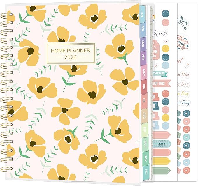 SUNEE Home Planner 2026, Work from Home Planner w/Stickers, JAN 2026 - DEC 2026, Monthly Budget Planner, Checklists for Routines and Goals, Weekly Calendar, Gift-Ready Pack, Poly Laminated Cover,Poppy