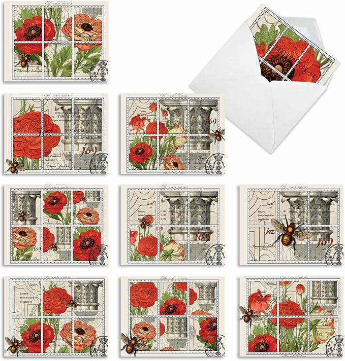 The Best Card Company - 10 Retro Blank Cards with Envelopes (4 x 5.12 Inch) - Artistic Boxed Assortment, Vintage Note Cards - What's the Buzz M3983