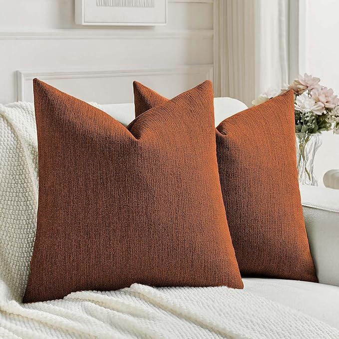 FUTEI Rust Chenille Decorative Throw Pillow Covers 18x18 Inch Set of 2,Soft Cozy Faux Linen Textured Cushion Case,Farmhouse Home Decor for Couch Living Room