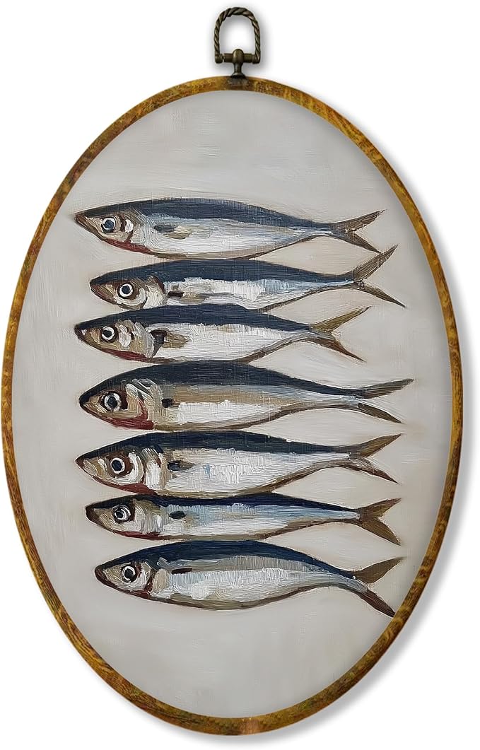 Hiuwevt Vintage Sardine Fish Oval Wall Art Decor, Coastal Beach Framed Canvas Prints, Moody Sardine Fish Oval Wall Hanging Decor for Kitchen Dining Room Beach House Decorations, 8.6x11.4 Inches