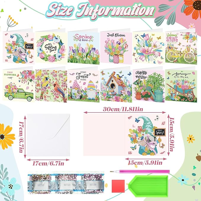 Saillong 12 Pack Spring Diamond Painting Greeting Card Kits Easter Diamond Art Cards with Envelopes Gnome Tulips Flowers 5d Rhinestones Painting Kits for Adults DIY Crafts Family Friend Spring Gifts