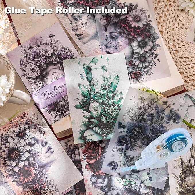 120Pcs Vintage Scrapbook Paper, Lightweight & Sulphate Ephemera Pack for Journaling, Junk Journals, Scrapbooking Supplies, Craft Kit with Glue Tape