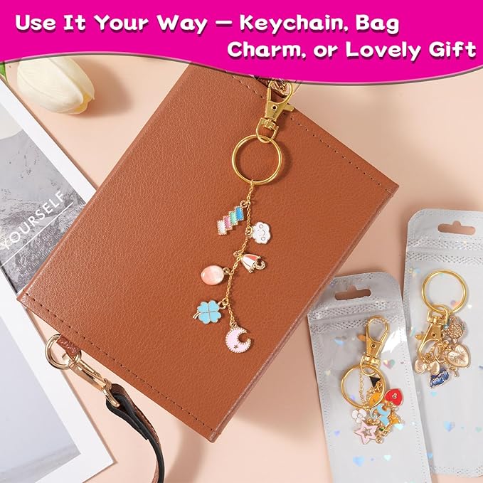 Sileasncei 358Pcs Charms Lip Gloss Keychain Making Kit, DIY Bag Charm Kit with Enamel Charms, Chains, Jewelry Pliers, Hole Punch & Gift Bags, Keychain Making Supplies for Custom Keychains Gifts