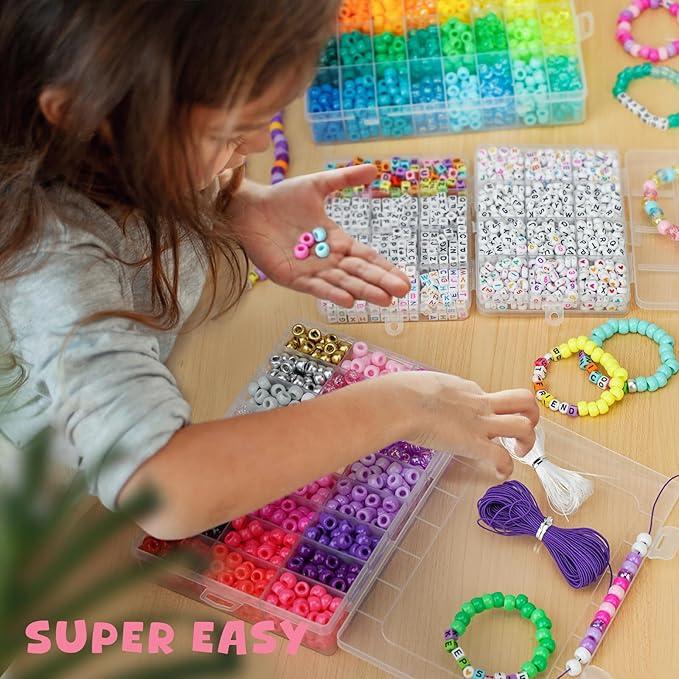 Gionlion 4200Pcs Pony Beads for Bracelet Making Kit, 48 Colors Kandi Beads Bracelet Kit, 2500pcs Rainbow Candy, 1700pcs Friendship Letter Bead with 20 Meter Elastic Strings for Jewelry Making