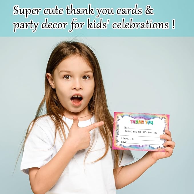 Tie Dye Kids Thank You Cards, Colorful Thank You Card For Baby Shower Birthday Party, Kids Birthday Cards Fill In The Blank, 20 Pack Cute Greeting Cards With Envelopes For Boys And Girls, 010
