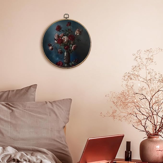 FUGWN Dark Moody Rose Round Wall Art Decor Framed, Dark Academia Floral Canvas Artwork Prints, Retro Red Rose Flower Botanical Wall Hanging Decorations for Home Living Room Bedroom, 10x10 Inch