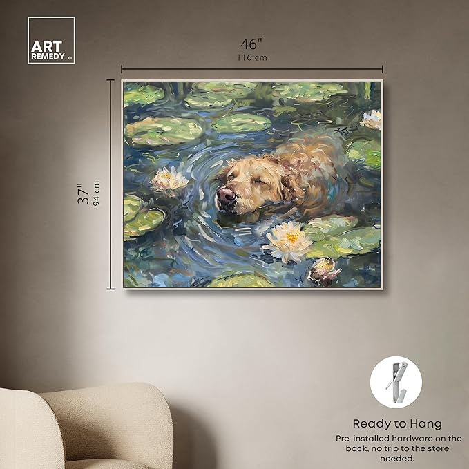 Art Remedy Monet Water Lilies Dog Rustic Chic Farmhouse Canvas Wall Art, Silver Floater Frame, 45"x36"