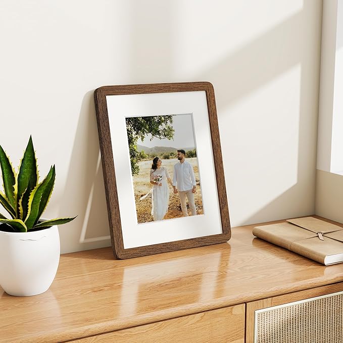 8.5x11 Picture Frame, Solid Oak Wood Photo Frame with Mat for 6x8, Round Corner 8.5 x 11 Matted Picture Frames with Resistant Plexiglass for Wall Mounting or Tabletop, Walnut Color, Set of 1