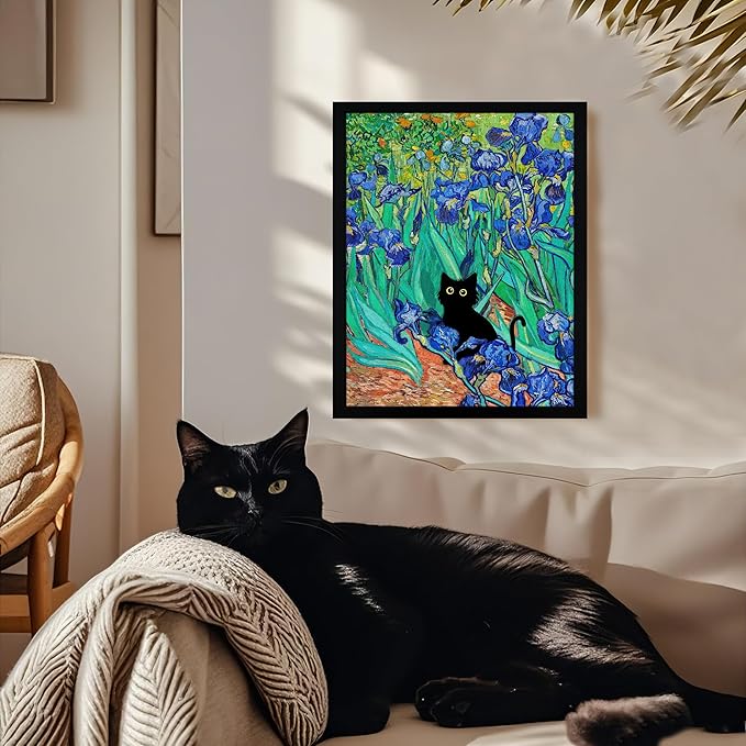 Fantasy Artists Van Gogh Irises Cat Wall Art, Framed Vintage Garden Canvas Wall Decor, Funny Black Cat Poster Prints, Paintings,Bathroom,bedroom,Living Room Artwork Decorations 8" Wide X 10" Height