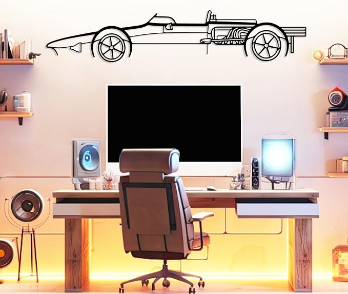 Formula Car Metal Wall Art, Sports Car Metal Silhouette, Formula Car Lovers Metal Wall Decor, Racing Gifts For Men, Minimalist Sculpture for Garage, Man Cave, Gift for Father's, (Black-55"x15.1" inch)
