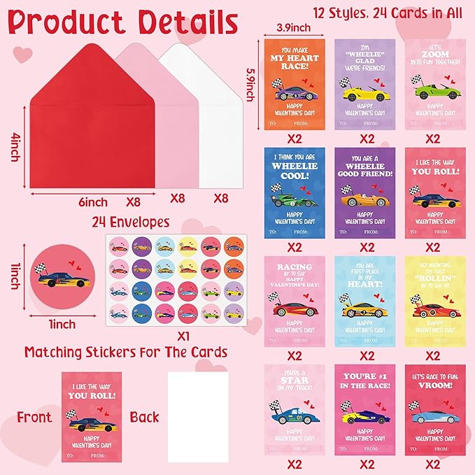 TICIAGA 72pcs Valentine’s Day Racing Car Greeting Cards with Envelop and Sticker for Kid, 4 x 6 IN Adorable Race Car Notecard Exchange Gift for Boy Girl School Classroom Supply, Valentines Party Favor