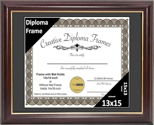 Creative Picture Frames 13x15 Mahogany Gold Rim Diploma Frame with Black Mat Glass and Installed Wall Hangers | Frame Holds 14x18 Media without Mat