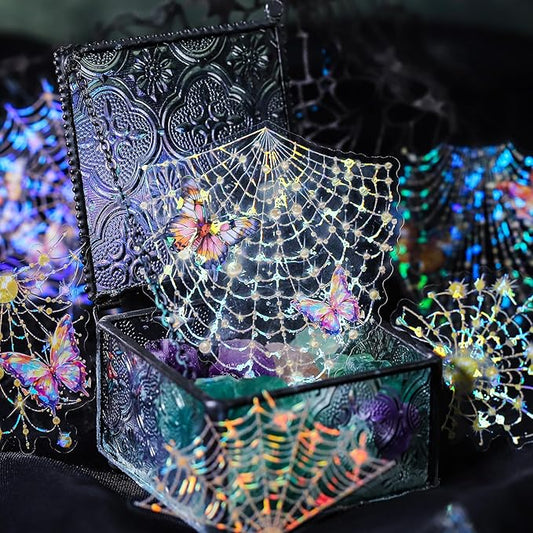 40 Pcs Large Holographic Spider Web Stickers – Transparent Waterproof Scrapbooking Stickers for Journaling,Resin Art,DIY Crafts,Junk Journals,Halloween Decorations