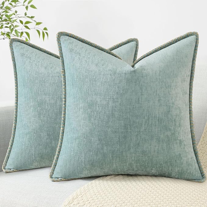 decorUhome Spring Chenille Soft Throw Pillow Covers 22x22 Set of 2, Farmhouse Velvet Neutral Decorative Euro Sham Pillow Covers with Stitched Edge for Couch Sofa Bed Home Decor, Aqua Haze