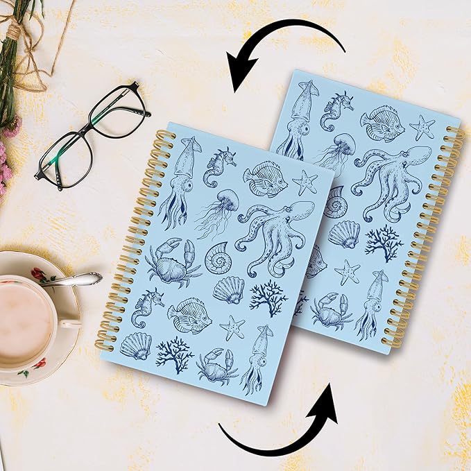 Blue Journal Notebook - Ocean Sea Life Coastal Themed Aesthetic Notebooks College Ruled for Office School Classroom, Gifts for Women Girls Kids, Hardcover Spiral Notebook 5.5"x8.3"