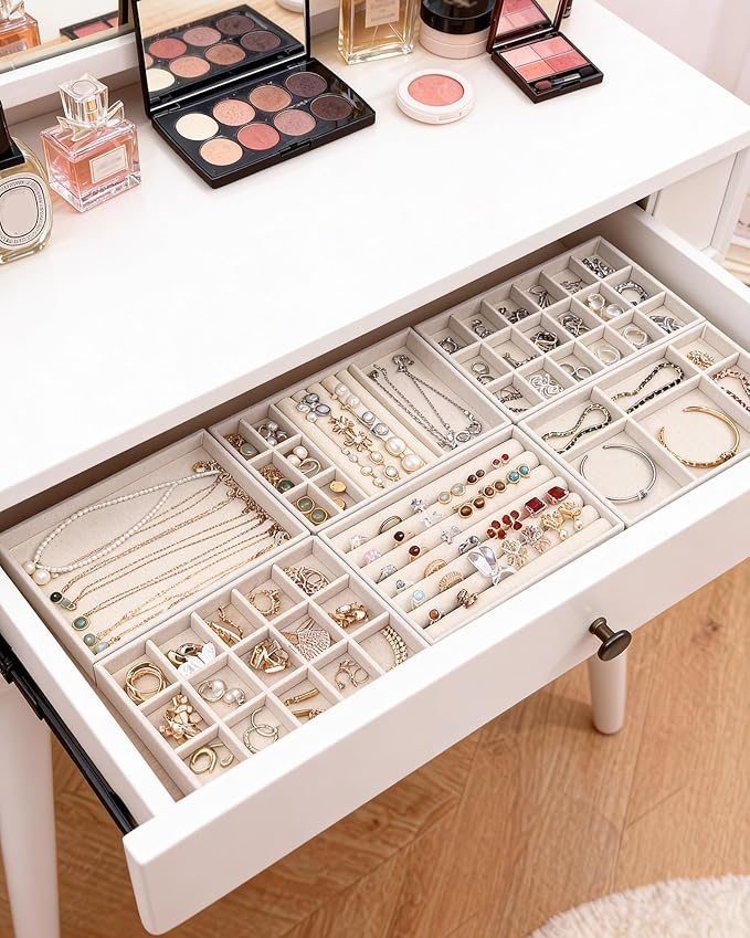 Stackable Jewelry Organizer Trays with Removable Dividers, 6-Tray Beige Jewelry Drawer Organizer Set for Earrings, Necklaces, Rings & Bracelets Gift for Her