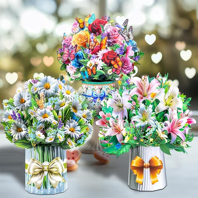 3D Pop Up Flower Bouquet Cards with 3 Envelopes & Blank Notecards, Featuring Multicolor Roses & Butterflies, White Daisies & Lavender, Pink & White Lilies for Birthday, Mother's Day, Get Well, Anniversary,All Occasions
