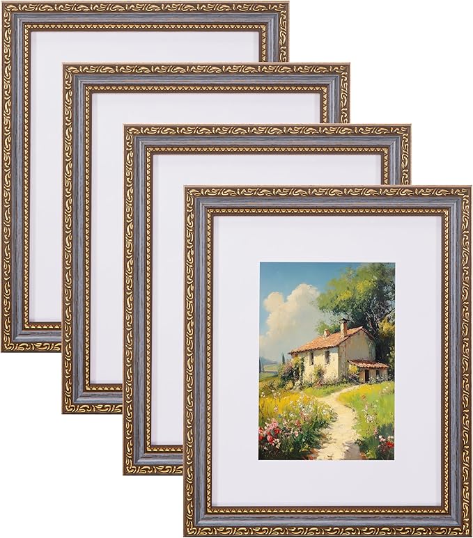 eletecpro 8x10 Picture Frames Set of 4, Vintage 8 x 10 Photo Frames with Glass, Display 5x7 Photo with Mat or 8x10 without Mat for Tabletop or Wall Decor, Blue Gold