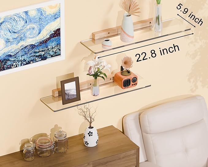 Acrylic Floating Shelves with Solid Wood Base, Wall Mounted Shelf for Plants, Perfume, Nail Polish, Bathroom, Bedroom & Living Room Décor
