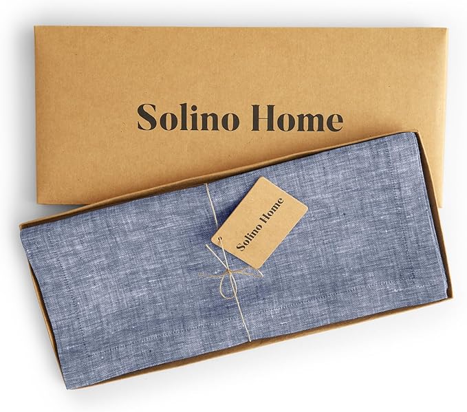Solino Home Linen Chambray Indigo Table Runner 120 Inches Long - Athena, 100% Pure Linen 14 x 120 Inch Table Runner for Winter, Spring, Easter
