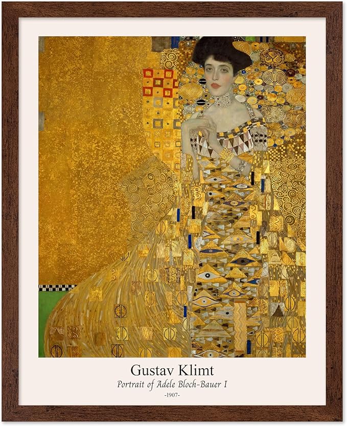 Poster Master Vintage Gustav Klimt Poster - Retro Portrait of Adele Bloch-Bauer Print - Art Nouveau - Lady in Gold Art - Gold Leaf Art - Classic Painting - Living Room Decor - 8x10 Brown Framed