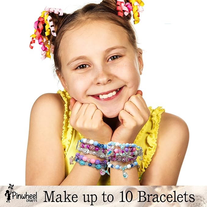 Pinwheel Crafts Mermaid Charm Bracelet Making Kit with Storage Case - DIY Kids Bracelet Making Kit for Girls 8-12 - Birthday Gift & Craft Supplies with Beads and Ocean Charms