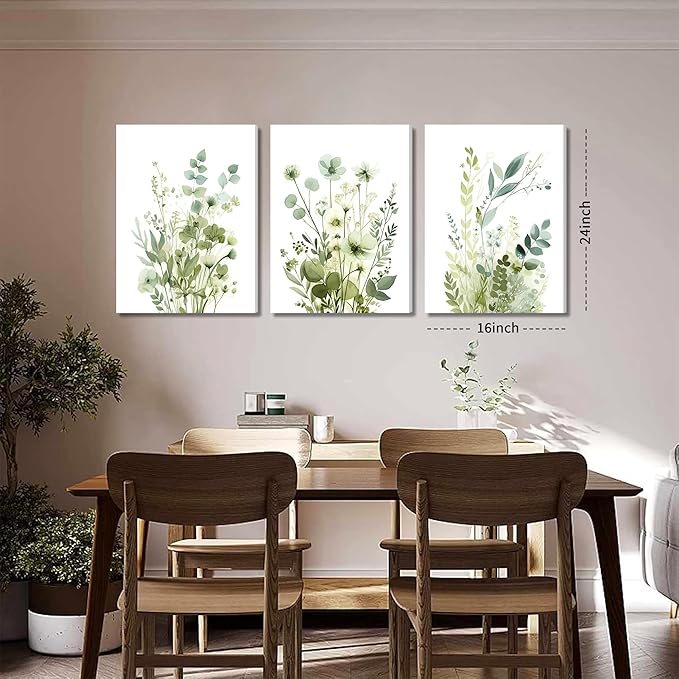 Boho Floral Canvas Wall Art Set of 3, Sage Green Wildflower Botanical Wall Decor Painting, Minimalist Watercolor Flowers Posters Prints for Bedroom Bathroom Living Room 16x24 In Framed