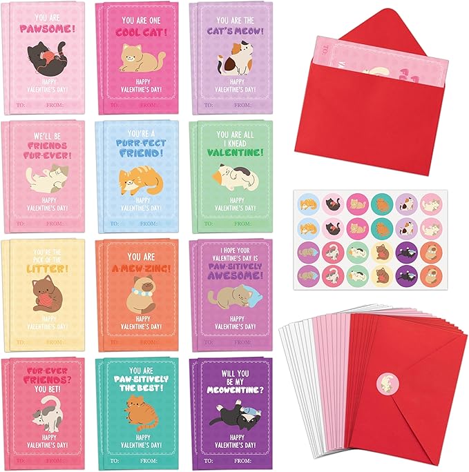 TICIAGA 72pcs Valentine's Day Cartoon Cat Animal Greeting Card with Envelop and Stickers for Kids, Cute Catling Pet Notecard Exchange Gift for Boys and Girls School Classroom Valentines Party Favors