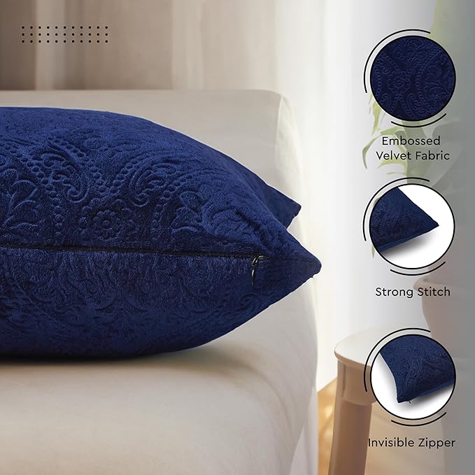 Encasa XO Luxury Embossed Velvet Throw Pillow Covers - Plush Cushion Covers for Elegant Living Rooms & Bedrooms, Machine Washable, 18"x18" Navy Blue | Set of 2 | Covers Only No Insert