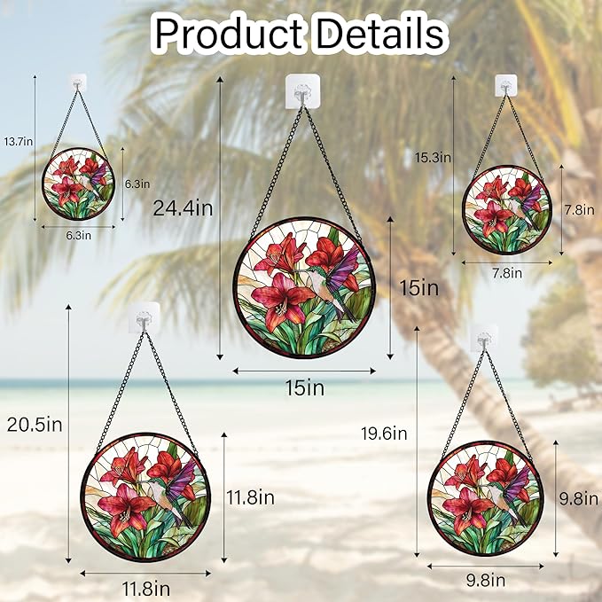 Stained Glass Window Hanging - Hummingbird On Red Lily Flower Sun Catcher for Door Garden Decor Suncatcher Christmas Mother's Day Birthday Gifts for Bird Lovers Women Men Mom Nana 11.8 in