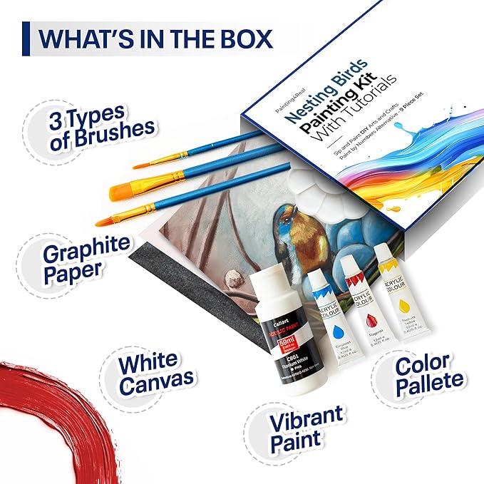 DIY Painting Class Kit for Adults with Video Tutorials: Learn to Paint Nesting Birds – How to Paint with Acrylics – Painting & Art Supplies – 9 Piece Acrylic Paint Set