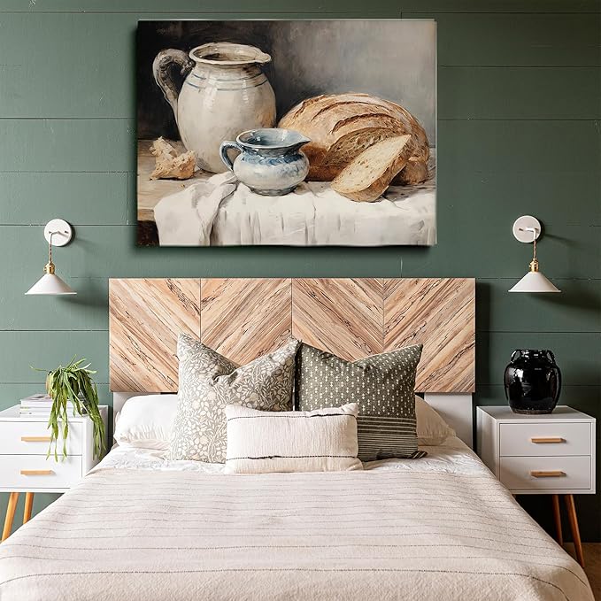 Country Kitchen Wall Art-Still Life Pottery,Moody Kitchen Still Life Painting,Bread Still Life Art,Sourdough Bread Still Life Print,Farmhouse Print,Kitchen Home Decor16x24 Framed