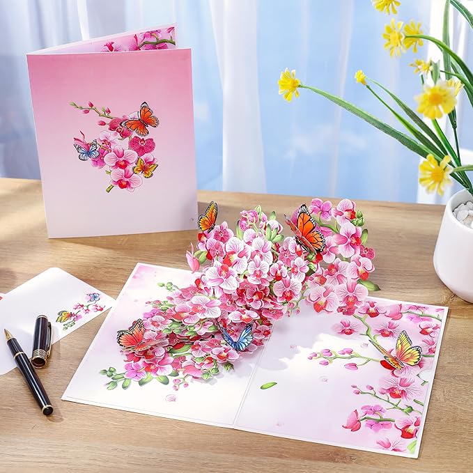 Orchids Flower Pop Up Birthday Card for Women, Wife; 3D Butterfly on Orchid Gift Card for Mother's Day, Thinking of You, Valentines, Thank You, All Occasion for Her, Mom, Sister, Grandma, Daughter