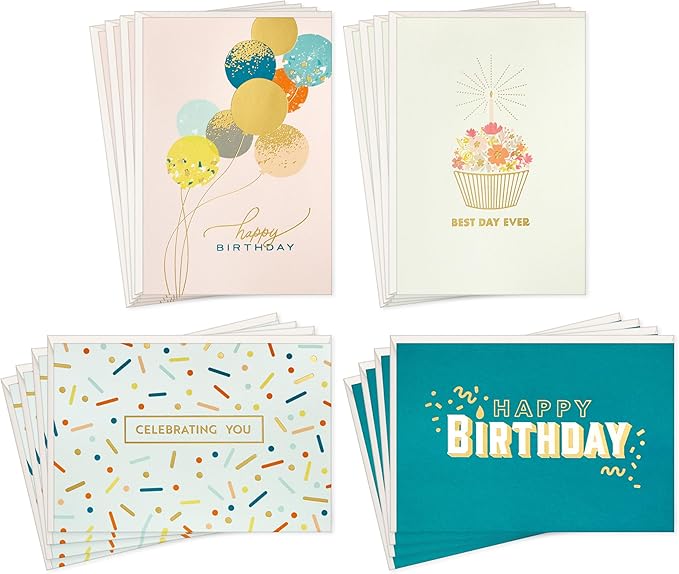 Hallmark Modern Elegance Birthday Note Card Assortment (24 Blank Cards with Envelopes) Teal, Pink, Gold Balloons, Cupcake, Confetti