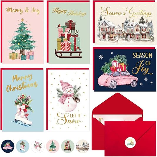 Christmas Cards, 36 Pack Merry Christmas Cards with Envelopes & Stickers, 4x6 Inch Holiday Card, 6 Assorted Designs Greeting Card for Xmas