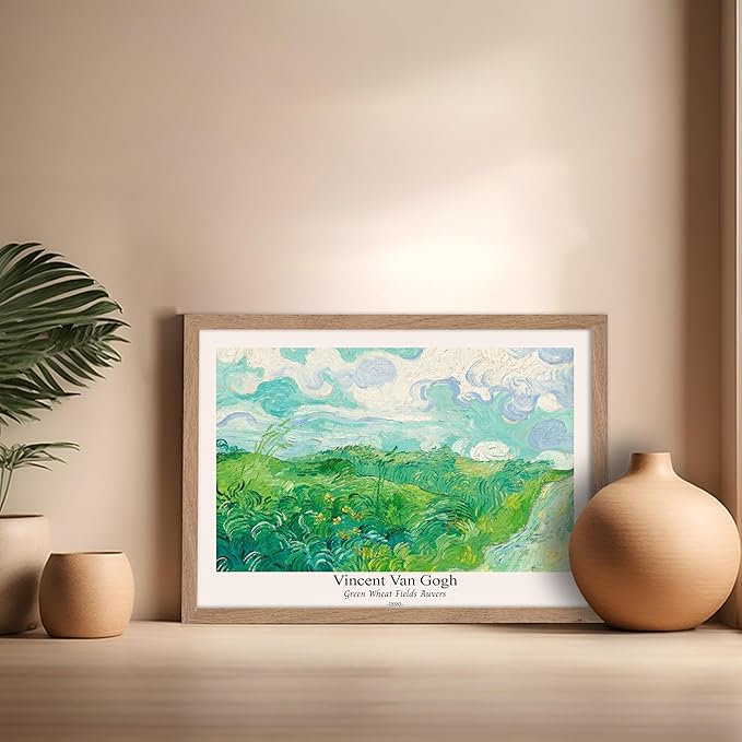 Monem Art Vintage Van Gogh Poster - Retro Green Wheat Fields Auvers Print - Impressionism Art - Fine Art - Landscape Art - Classic Painting Art - Great Living Room Decor - 16x20 Beige Framed