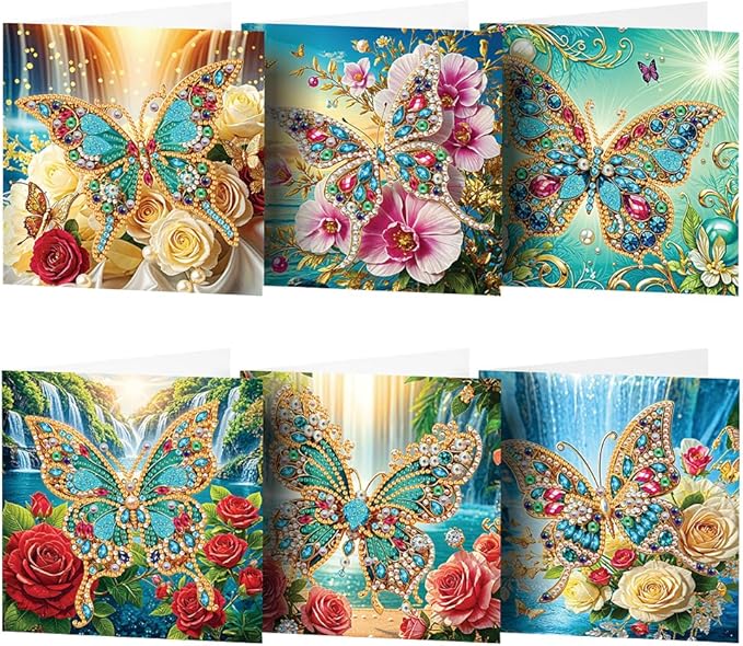 Ceitura 6Pcs DIY Diamond Art Painting Crafts Rhinestone Painting Greeting Card Making Kit Postcard for Holiday Christmas New Year Party Favors (Flower Butterfly)