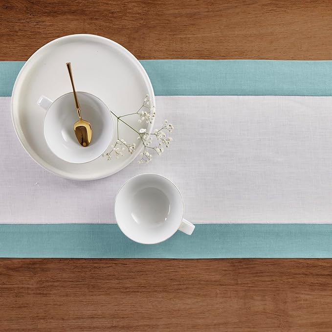 Solino Home Linen Table Runner 120 Inches Long - Aqua Blue and White 100% Pure Linen 14 x 120 Inch Table Runner for Dining, Winter, Spring, Easter - Contempo
