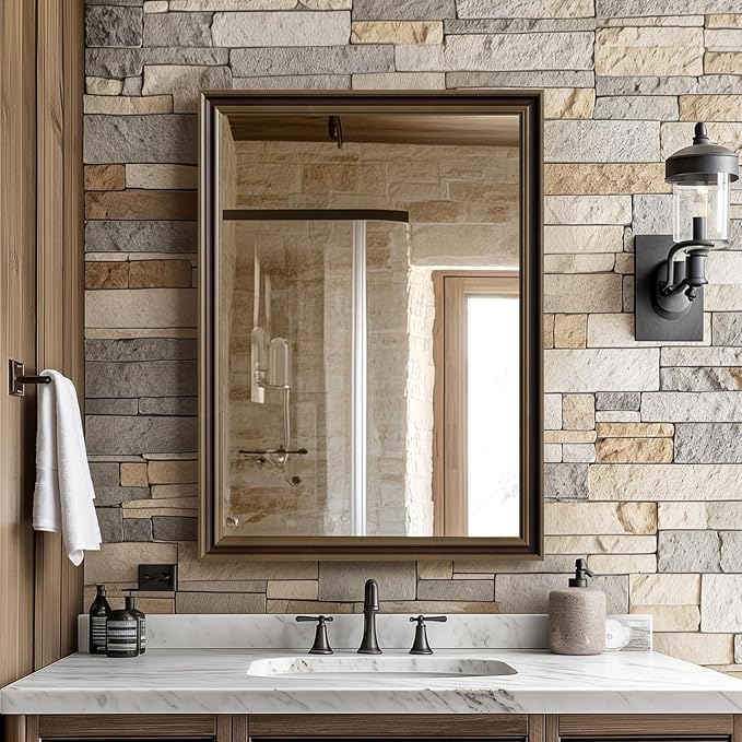 Retro Copper Effect Framed Wall Mirror, 22x30 Rectangle Mirror, Anti-desilvering Tempered Glass, Sustainable&Sturdy Frame, Anti-Rust, HD Reflection & 3min Fast Setup for Bathroom Living Room