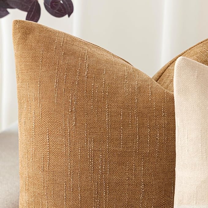 Foindtower Set of 2 Textured Chenille Throw Decorative Pillow Covers Square Accent Solid Cushion Cover Neutral Farmhouse Lumbar Pillow Case for Couch Sofa Bedroom Living Room 12x24 Inch,Golden Brown