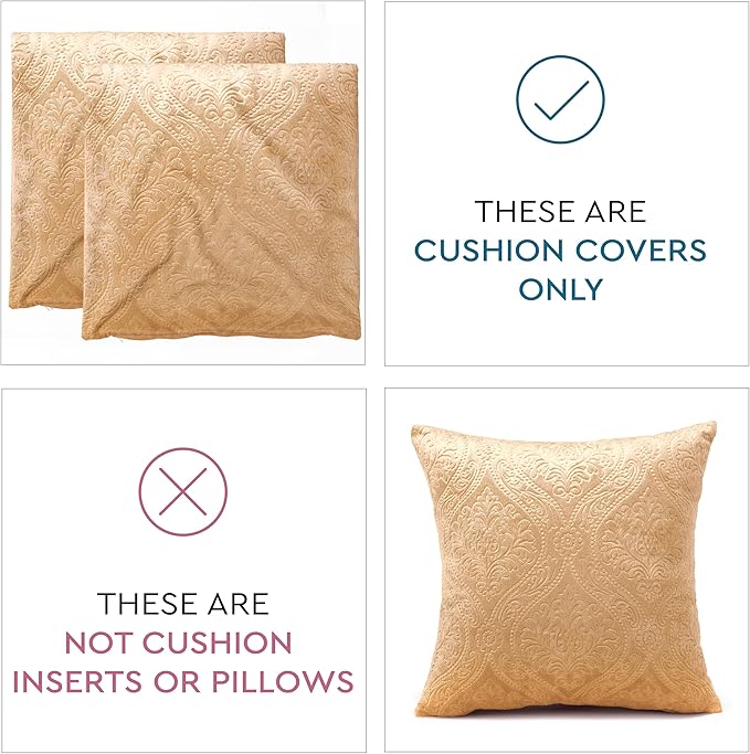Encasa XO Luxury Embossed Velvet Throw Pillow Covers - Plush Cushion Covers for Elegant Living Rooms & Bedrooms, Machine Washable, 16"x16" Gold | Set of 2 | Covers Only No Insert