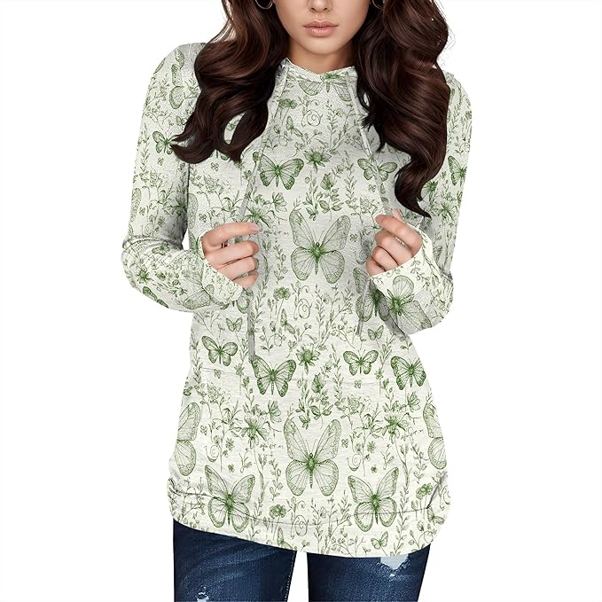 Hooded Sweatshirt Women Fall Butterfly Sweatshirts Lightweight Long Sleeve Pullover Tops Trendy Outfits Plus Size